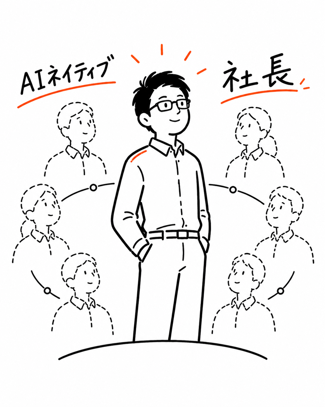 中央に立つくぼた係長と、その周囲で働くAI社員を描いたAIネイティブ組織のイメージ