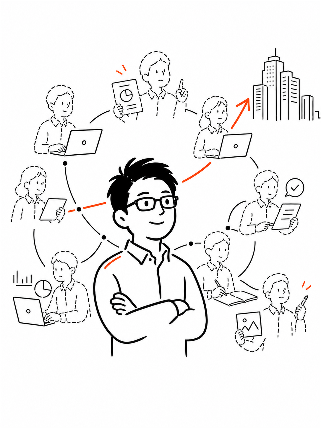 AI社長(中央)を起点に、複数のAI社員(点線の人物)がネットワークでつながり、事業の成長(ビル群)へと向かう手描きイラスト
